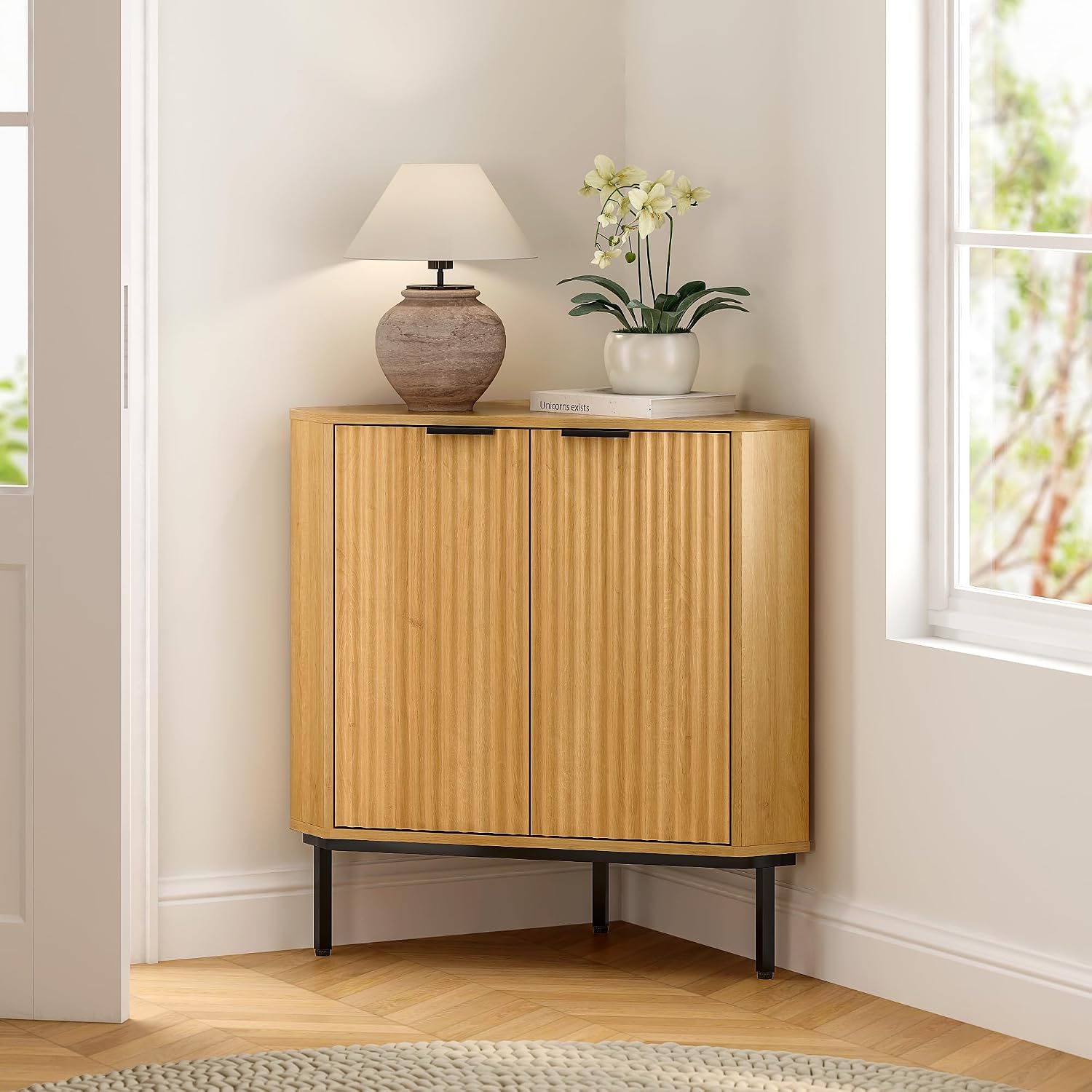 EYYTHUNG Fluted Corner Cabinet, Modern Small Corner Floor Cabinet with 2 Doors and 2-Tier Shelves, Freestanding Narrow Organizer for Living Room Kitchen Bathroom, Natural Oak