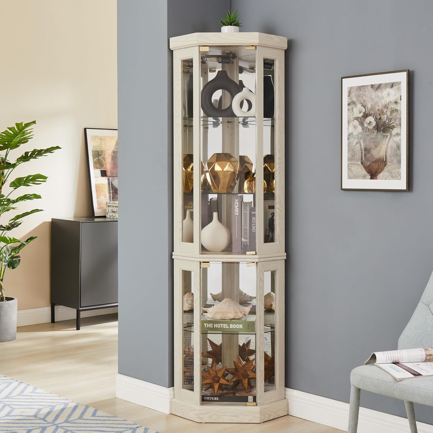 69' H Lighted Corner Curio Cabinet, 5-Tier Curio Glass Display Cabinet w/Door & Adjustable Glass Shelves, Wooden Display Showcase Corner Storage Cabinet for Living Room(Antique White)