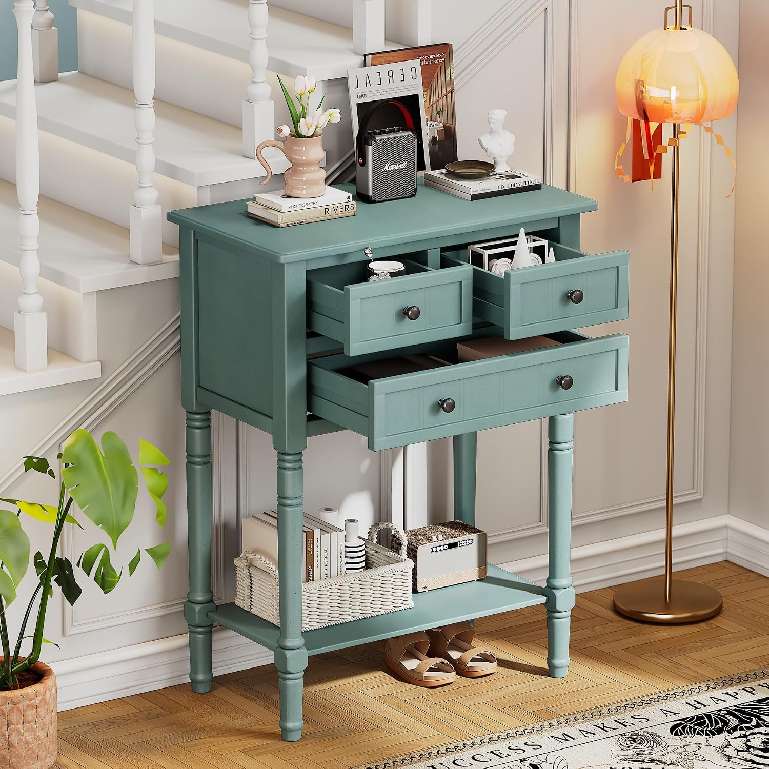 P PURLOVE Antique Narrow Console Table,Slim Sofa Entry Table with 3 Storage Drawer for Living Room,Entryway