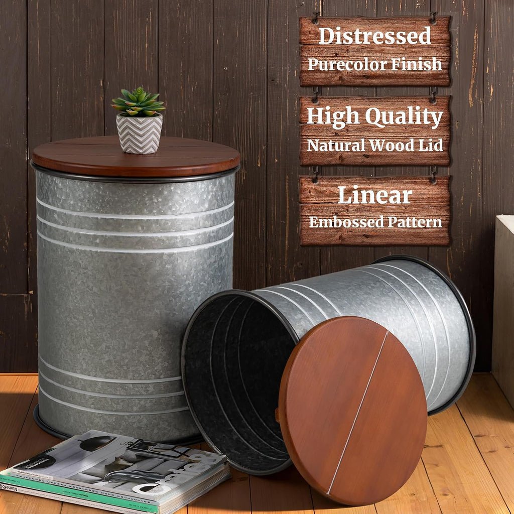 Glitzhome 4-Piece Galvanized Side Table Set, Metal Farmhouse Barrel Toy Box Bins with Round Wood Lid, Rustic Ottoman Seat Stool with Large Storage Space, for Living Room, Bedroom,Grey
