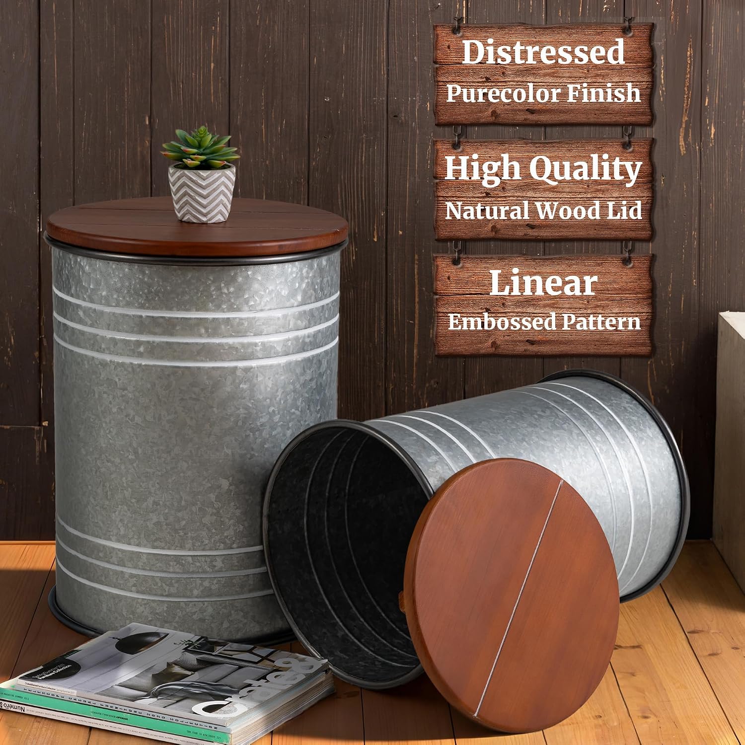Glitzhome 4-Piece Galvanized Side Table Set, Metal Farmhouse Barrel Toy Box Bins with Round Wood Lid, Rustic Ottoman Seat Stool with Large Storage Space, for Living Room, Bedroom,Grey