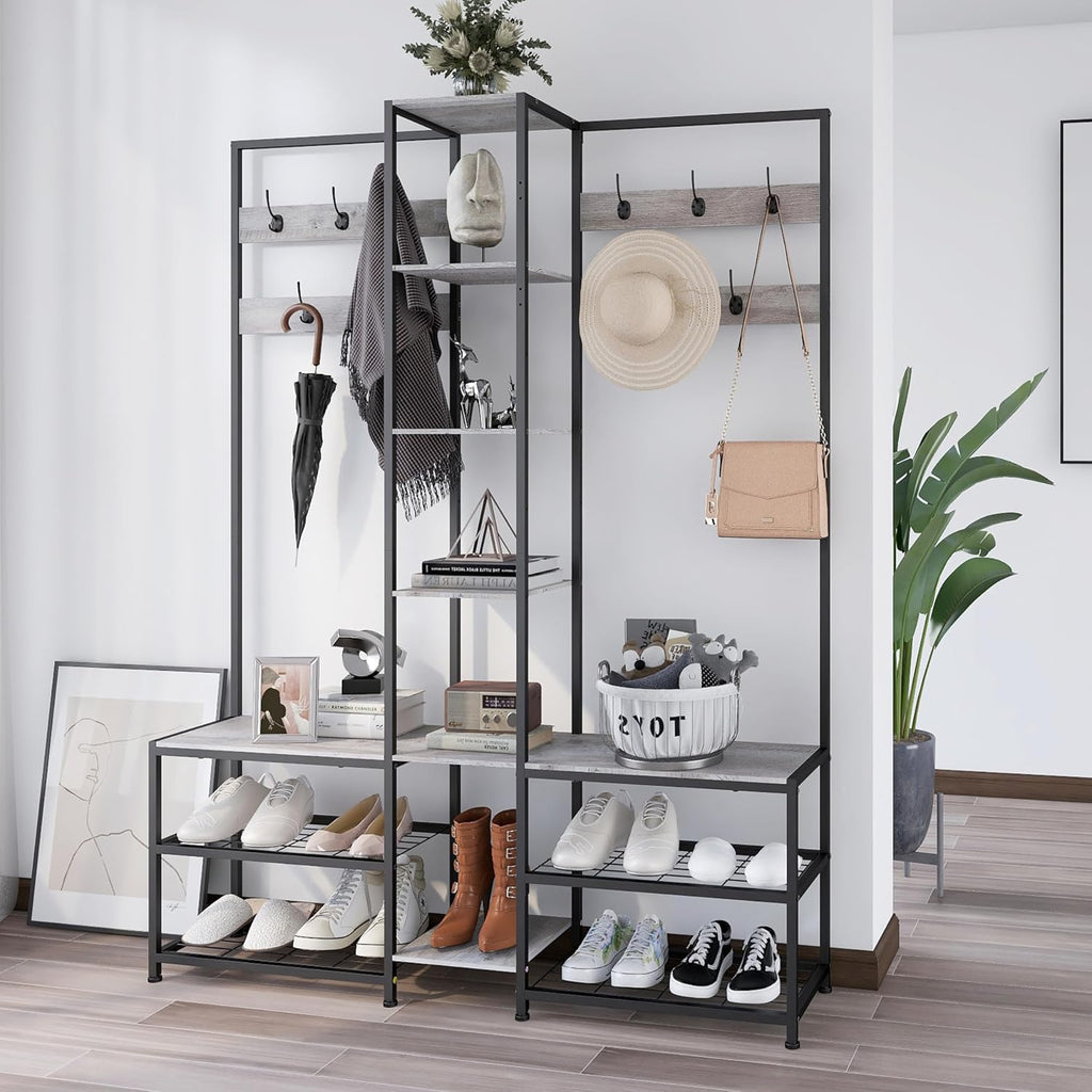 GiftGo Corner Hall Tree with Shoe Rack Storage Bench Display Open Shelves Modern Industrial Entryway Coat Rack Stand for Home Living Room Mudroom Bedroom Multifuncitonal 5 in 1 (Greige)