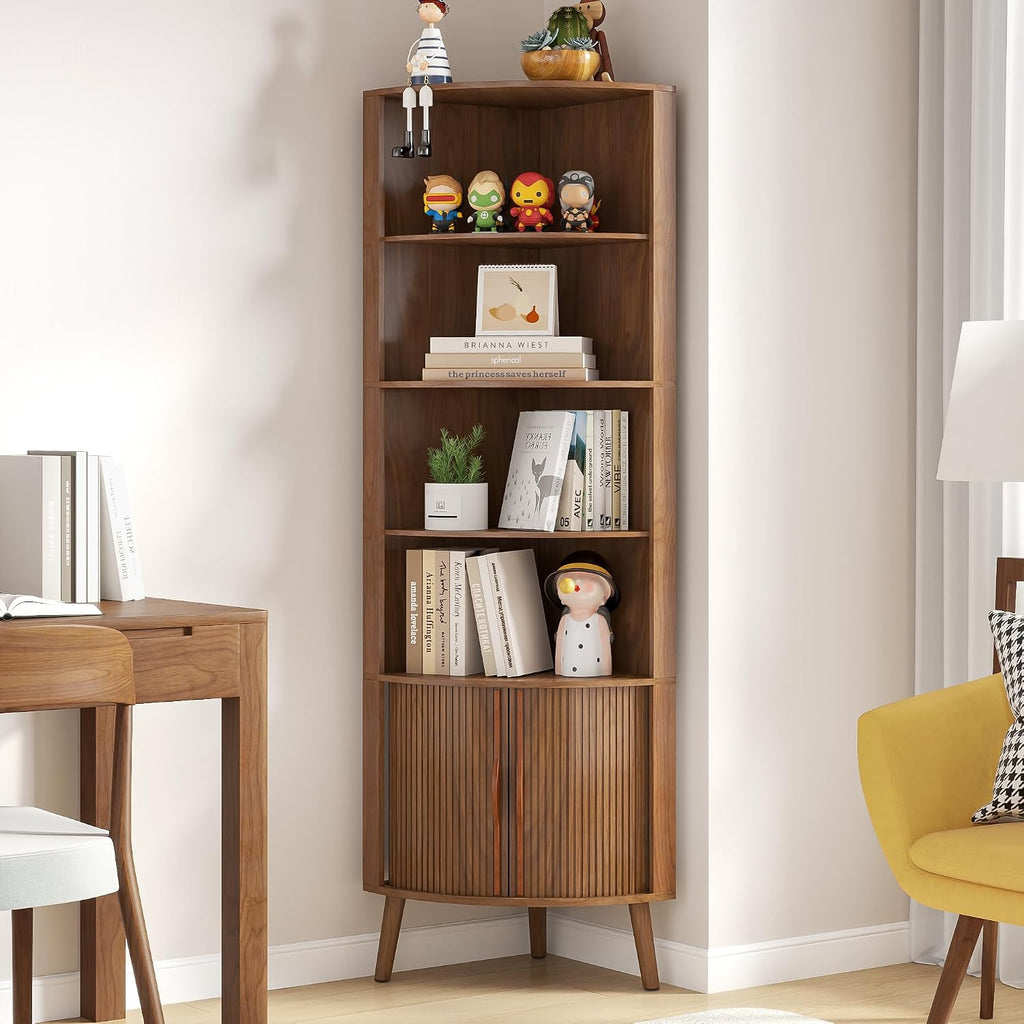 Corner Cabinet, 66.73'' Tall Modern Corner Bathroom Storage Cabinet with 2 Fluted Doors and Shelves, Home Space Saver for Kitchen, Living Room, Study Room(Walnut, 66.73''H)