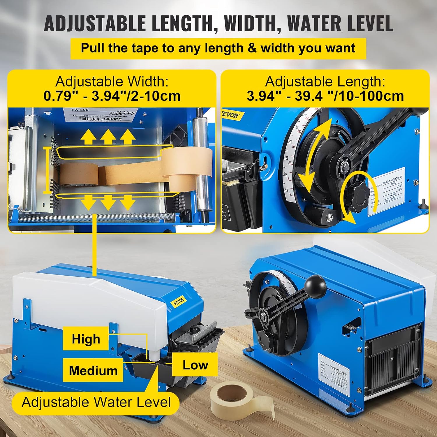 VEVOR Water-Activated Tape Dispenser, Maximum 39.4' x 3.94' Tape, Adjustable Length, Width & Water Level, Manual Tape Dispenser w/Water Brush, Carton Packaging for Express Box, Gift Box