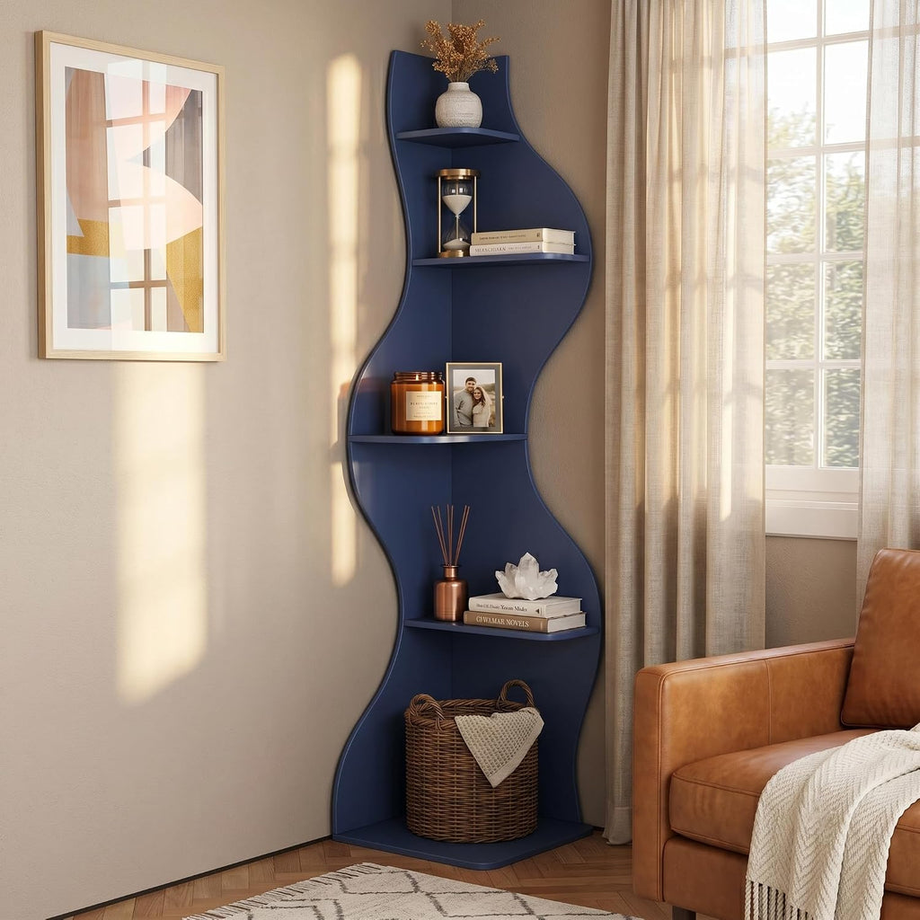YOWOS 69.4' 5-Tier Modern Corner Bookshelf – Wavy Wooden Display Shelf with Storage, Narrow Corner Bookcase for Small Spaces, Ideal for Plants, Books & Decor (Blue)