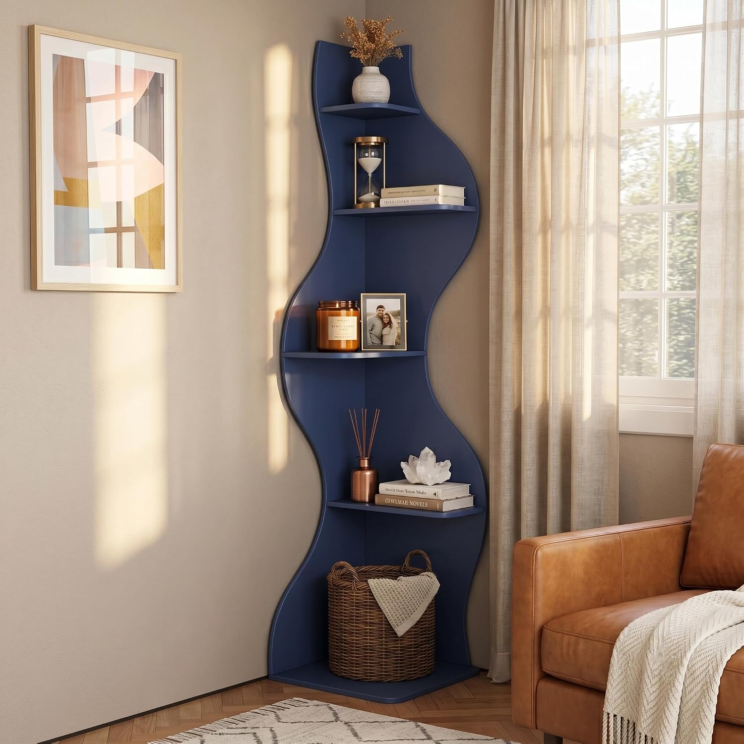 YOWOS 69.4' 5-Tier Modern Corner Bookshelf – Wavy Wooden Display Shelf with Storage, Narrow Corner Bookcase for Small Spaces, Ideal for Plants, Books & Decor (Blue)