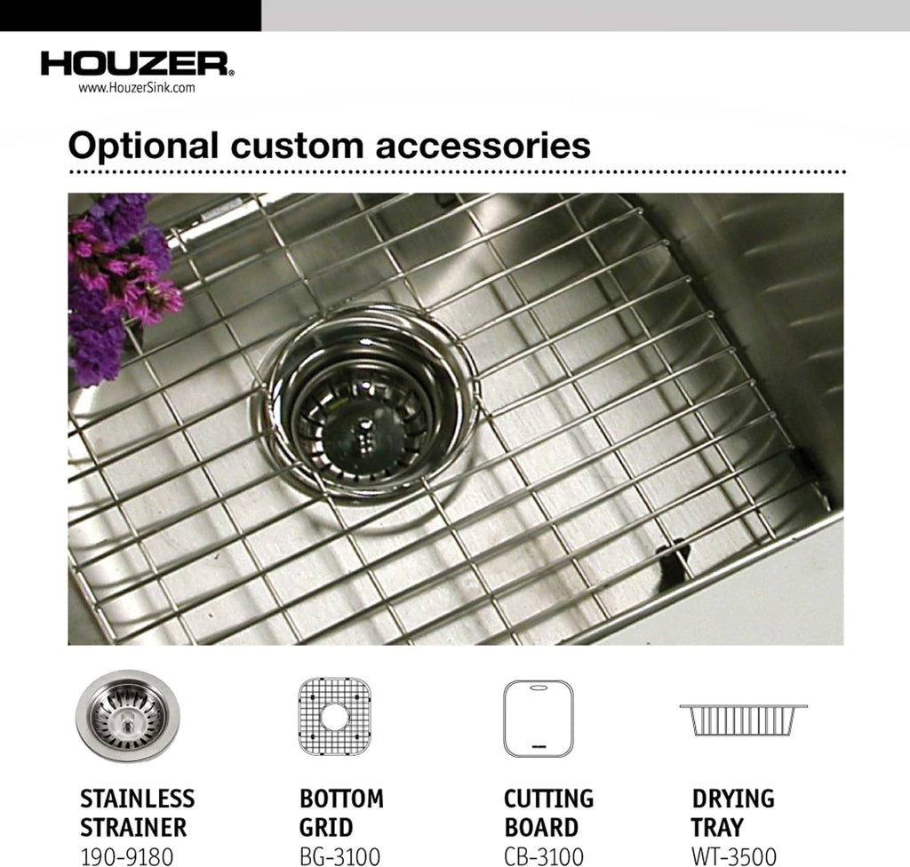 Houzer 3322-8BS3-1 Glowtone Series Topmount Stainless Steel 3-hole 50/50 Double Bowl Kitchen Sink, 8-Inch Deep