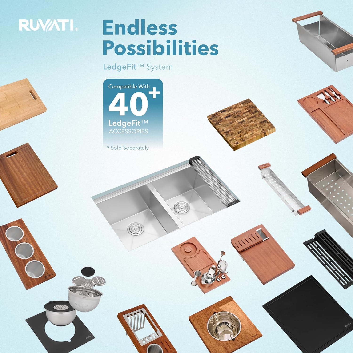 Ruvati 33-inch Workstation Ledge 50/50 Double Bowl Undermount kitchen sink with Brushed Finish - 16 Gauge Stainless Steel Kitchen Sink - Workstation Kitchen Sink - RVH8350