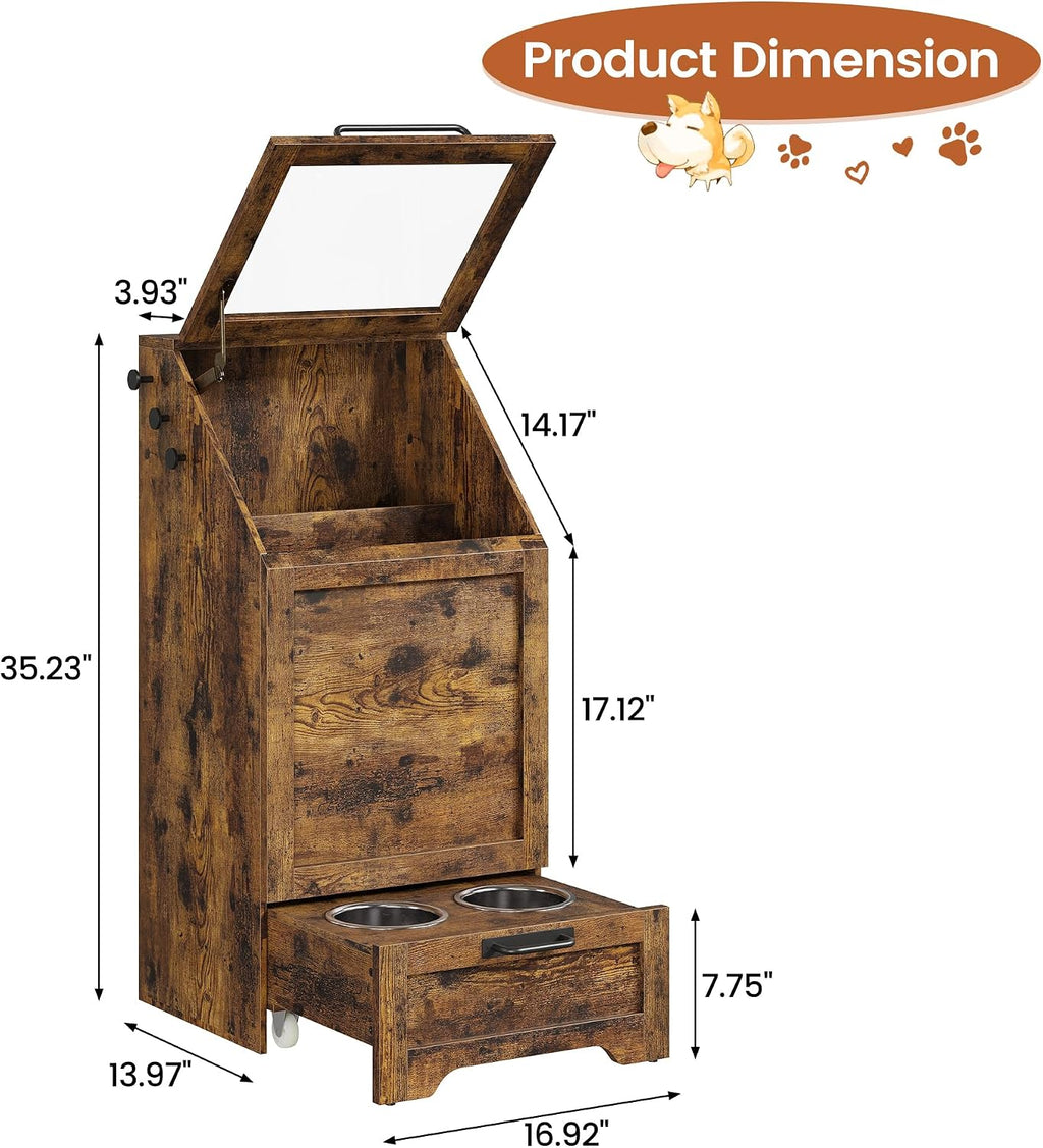 Garvee Dog Feeding Station with 2 Elevated Bowls, Dog Food Storage Cabinet, Flip Top Pet Feeding Station, Food Storage Container, Pet Toy Organizer, Brown