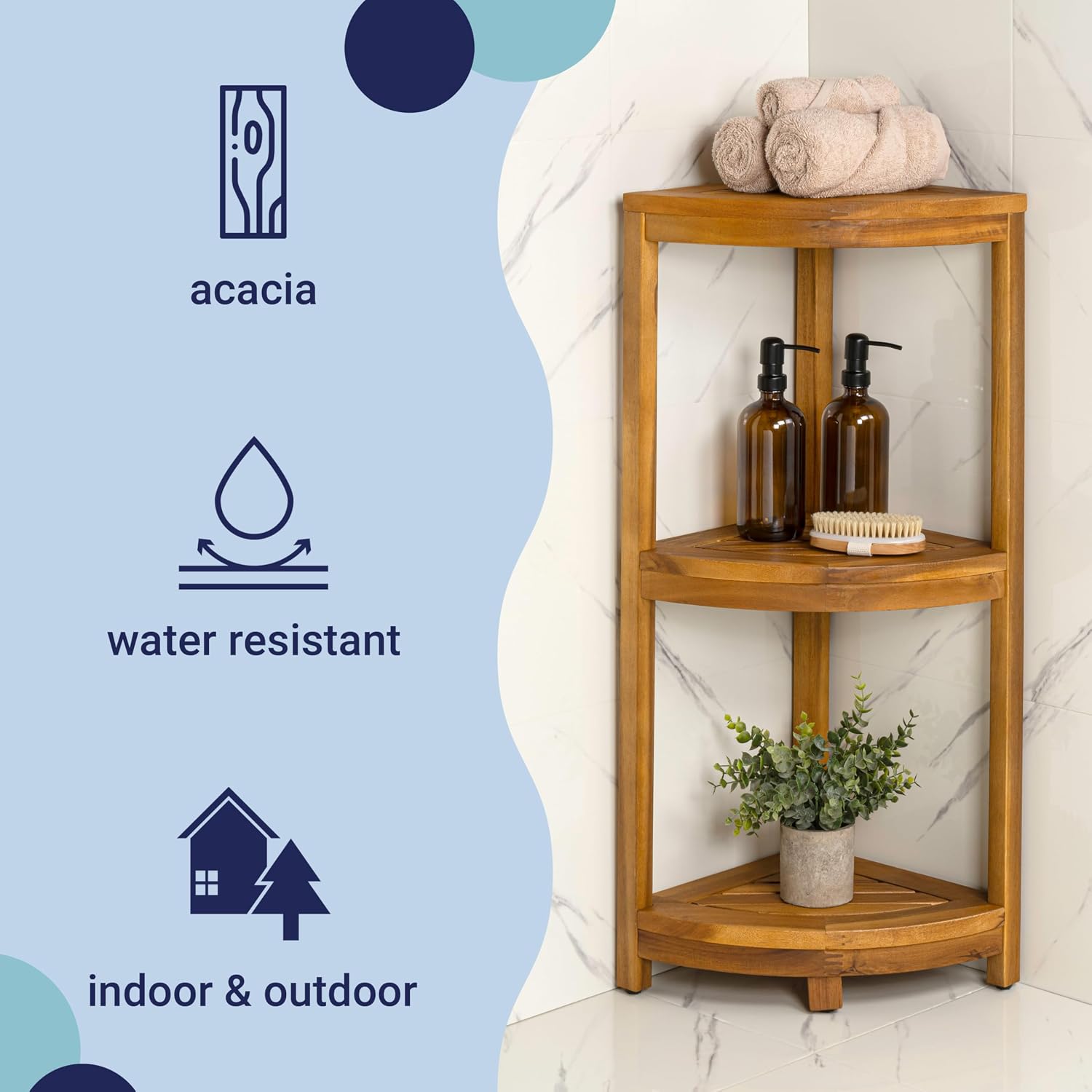 happimess SHF1000A Sela 33' Classic Minimalist 3-Tier Acacia Wood Freestanding Bathroom Corner Shelf, Shower Organizer, Storage Rack for Bath, Office, Kitchen Desktop, Natural