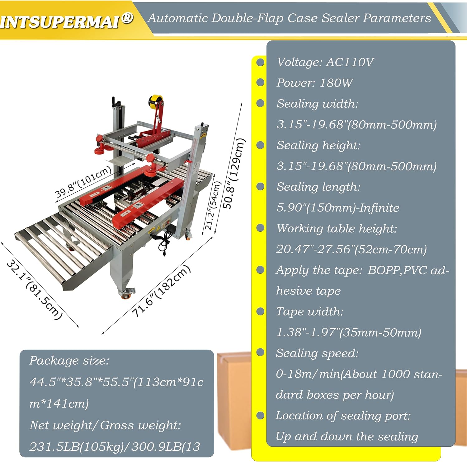 INTSUPERMAI Auto Carton Sealer Machine Case Sealer Box Sealing Carton Tape Sealing Packaging Machine Left To Right Side Drive 110V