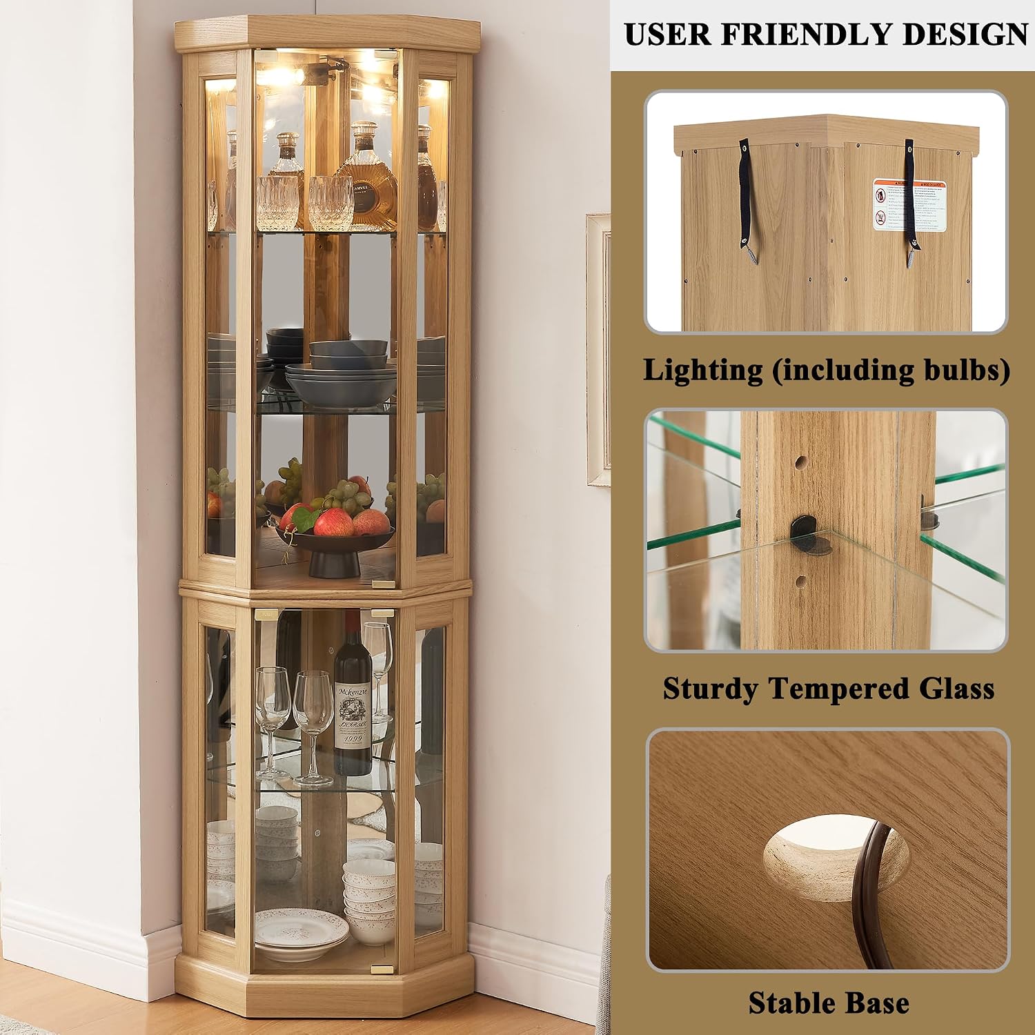 69' H Lighted Corner Curio Cabinet, 5-Tier Curio Glass Display Cabinet w/Door & Adjustable Glass Shelves, Wooden Display Showcase Corner Storage Cabinet for Living Room (Light Oak)