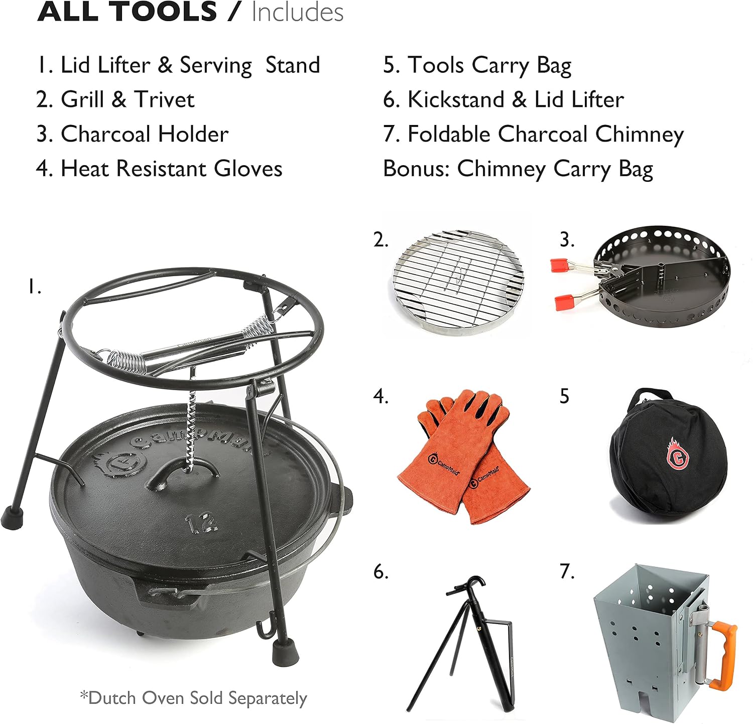 CampMaid Outdoor Cooking Set - Dutch Oven Tools Set - Charcoal Holder & Cast Iron Grill Accessories - Camping Grill Set - Outdoor Cooking Essentials - Camp Kitchen Equipment - (7 Piece Set)