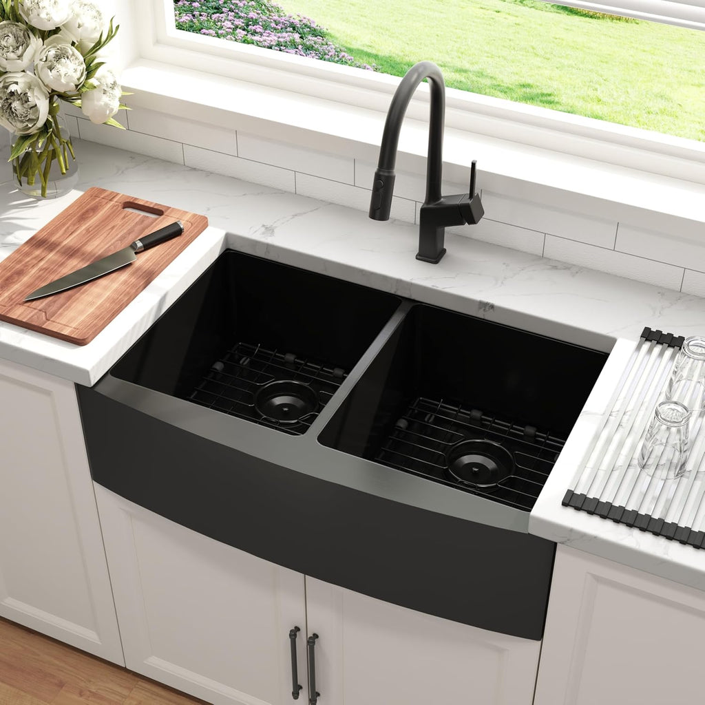 36 Inch Black Double Bowl Farmhouse Kitchen Sink, Undermount 50/50 Apron Front 16 Gauge 304 Stainless Steel Matte Black Sinks, Accessories Included, 36' x 21' x 10'