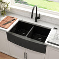 36 Inch Black Double Bowl Farmhouse Kitchen Sink, Undermount 50/50 Apron Front 16 Gauge 304 Stainless Steel Matte Black Sinks, Accessories Included, 36' x 21' x 10'