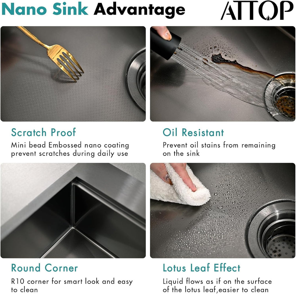 ATTOP 33 Inch Black Large Single Bowl Drop in Kitchen Sink,33x22 Inch Nano Black Stainless Steel Handmade Drop in Single Bowl Kitchen Sink