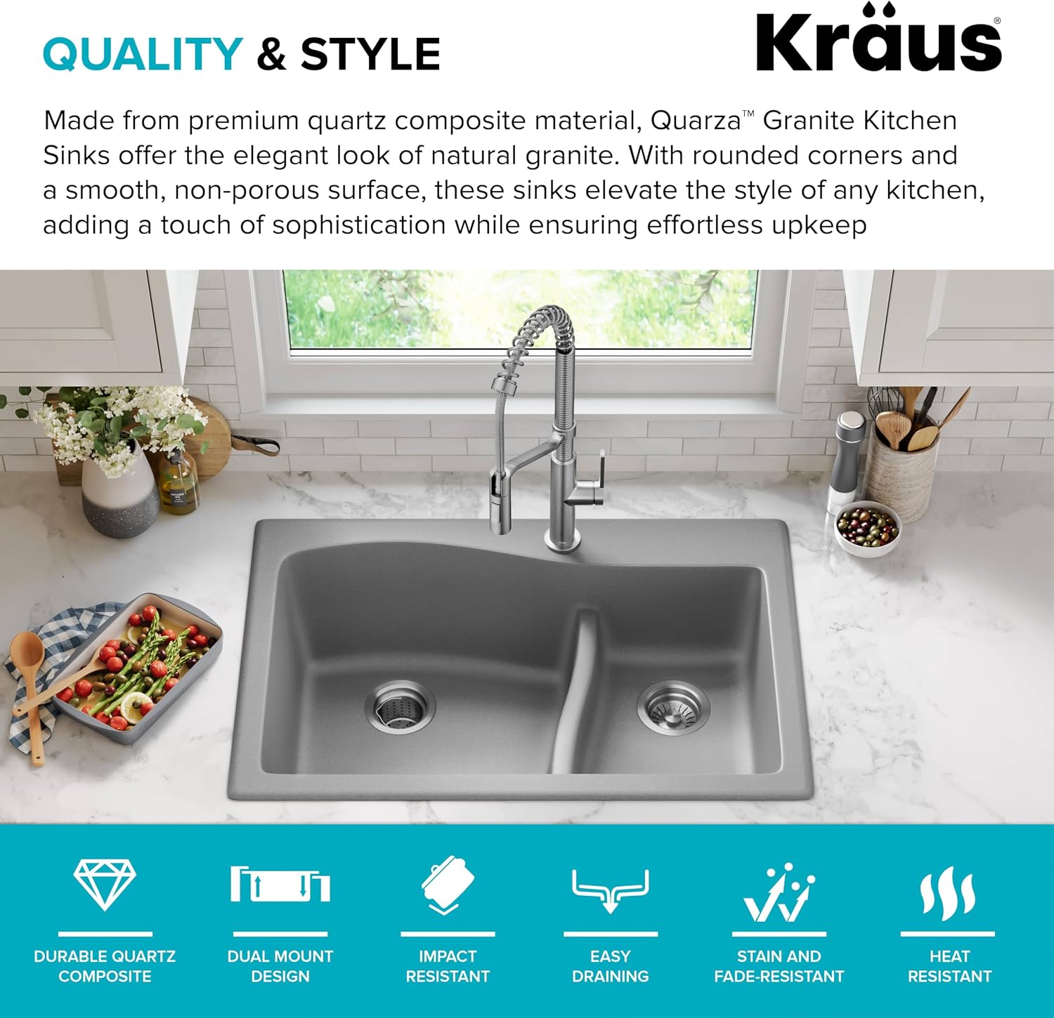 KRAUS Quarza 33-inch Drop-In/Undermount 60/40 Double Bowl Granite Kitchen Sink in Grey, KGD-442GREY