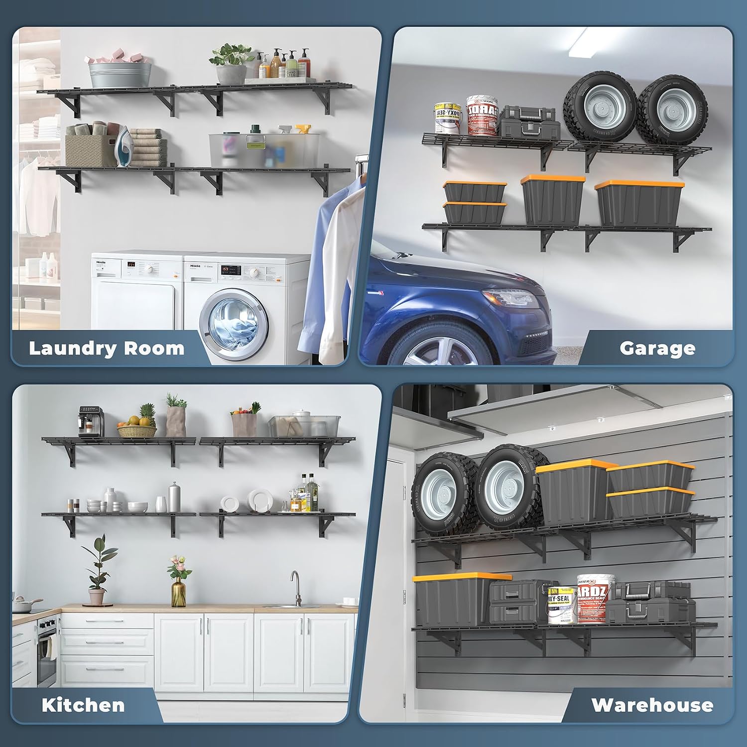 Jusgym 4 Pack Heavy Duty Garage Wall Shelving Set (1x4ft), Wall Mounted Garage Shelves 1400lbs Capacity, 12'x48' Shelf Storage Rack Floating Shelves, Black