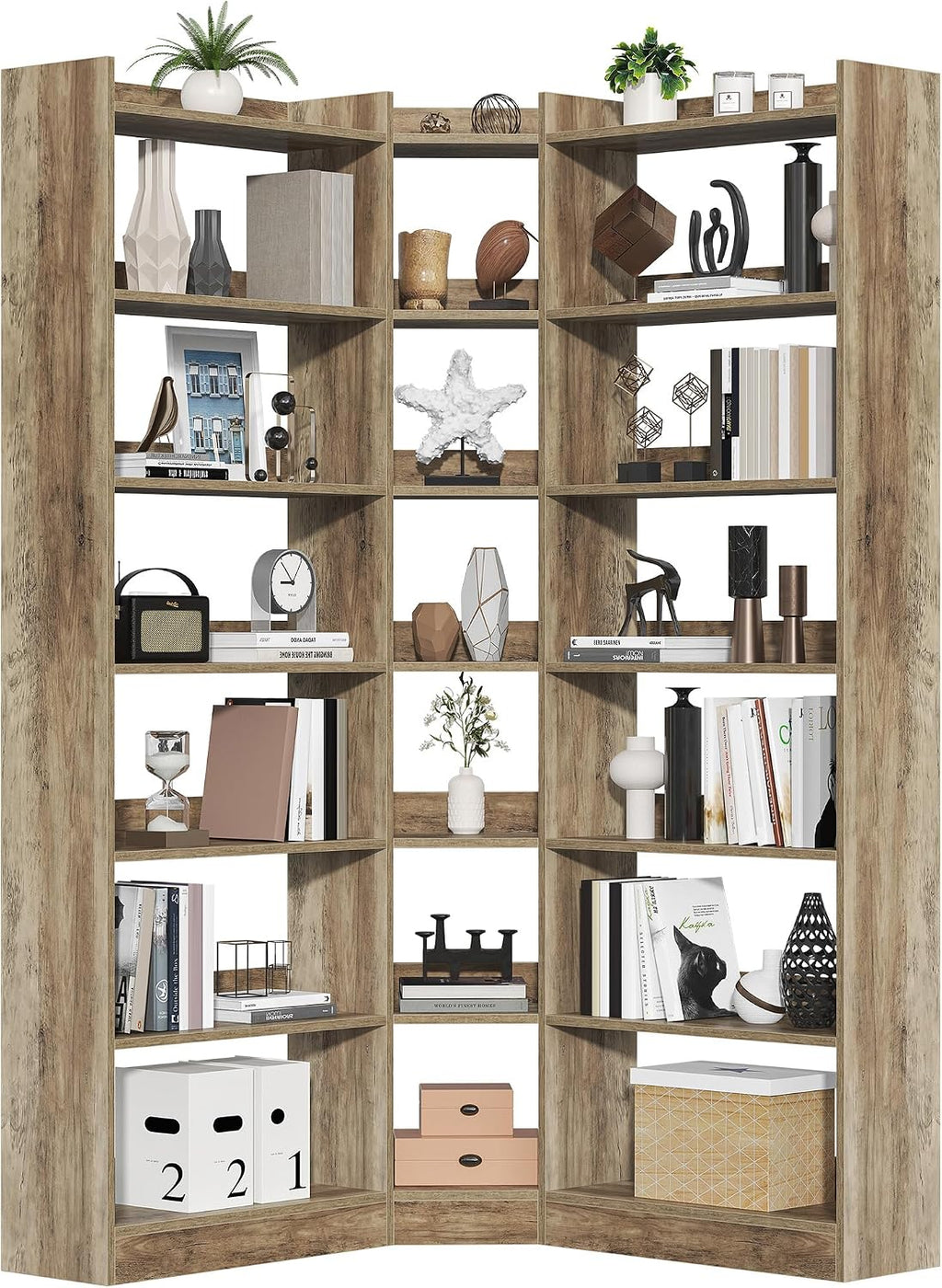 Nosepen 70.8' Tall Corner Bookshelf and Bookcases, 7 Tiers Morden Large Etagere Bookcases Storage Display Rack with Baffle, Industrial L-Shaped Bookshelves for Bedroom, Home Office, Living Room, Brown