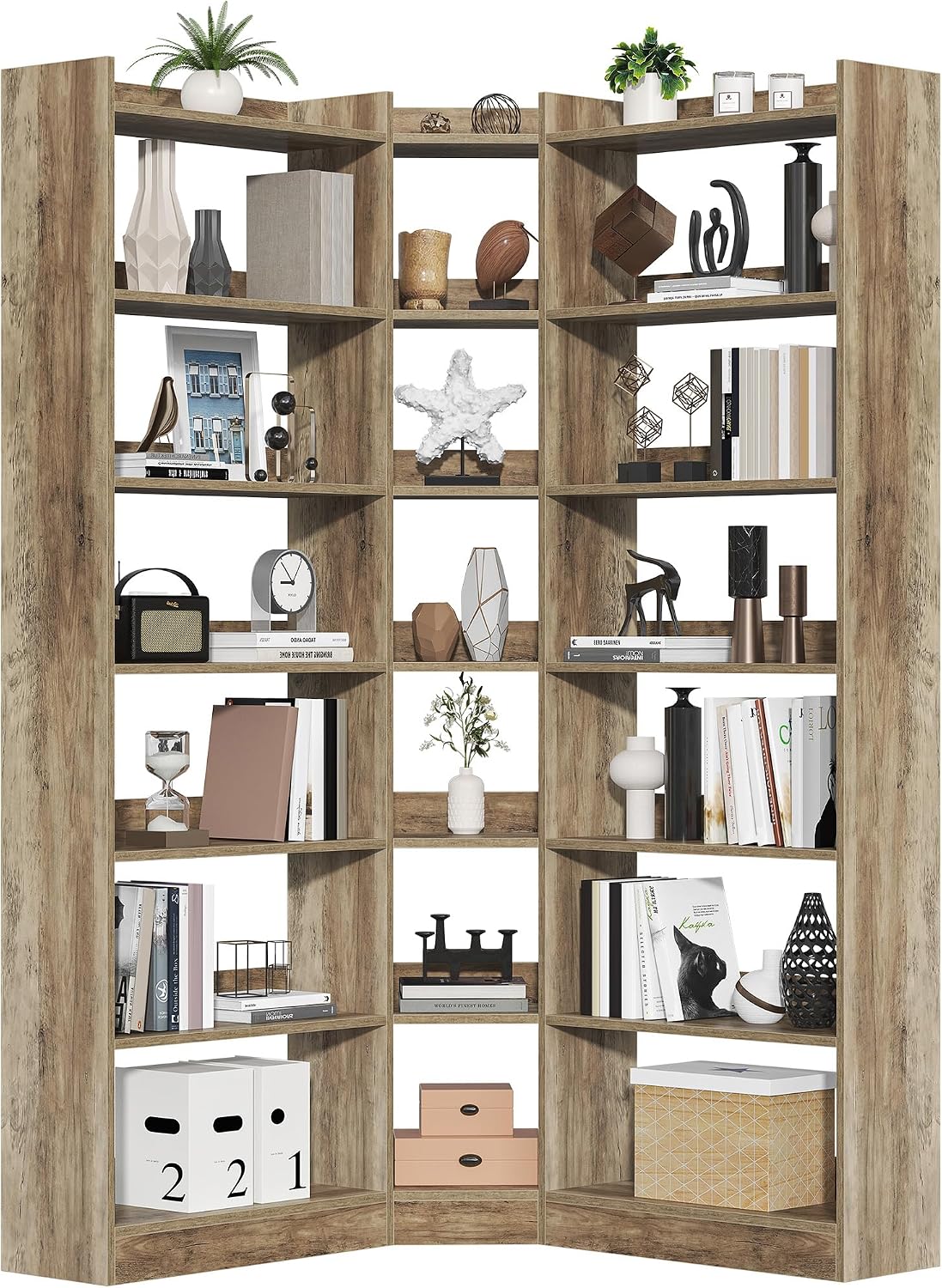 Nosepen 70.8' Tall Corner Bookshelf and Bookcases, 7 Tiers Morden Large Etagere Bookcases Storage Display Rack with Baffle, Industrial L-Shaped Bookshelves for Bedroom, Home Office, Living Room, Brown