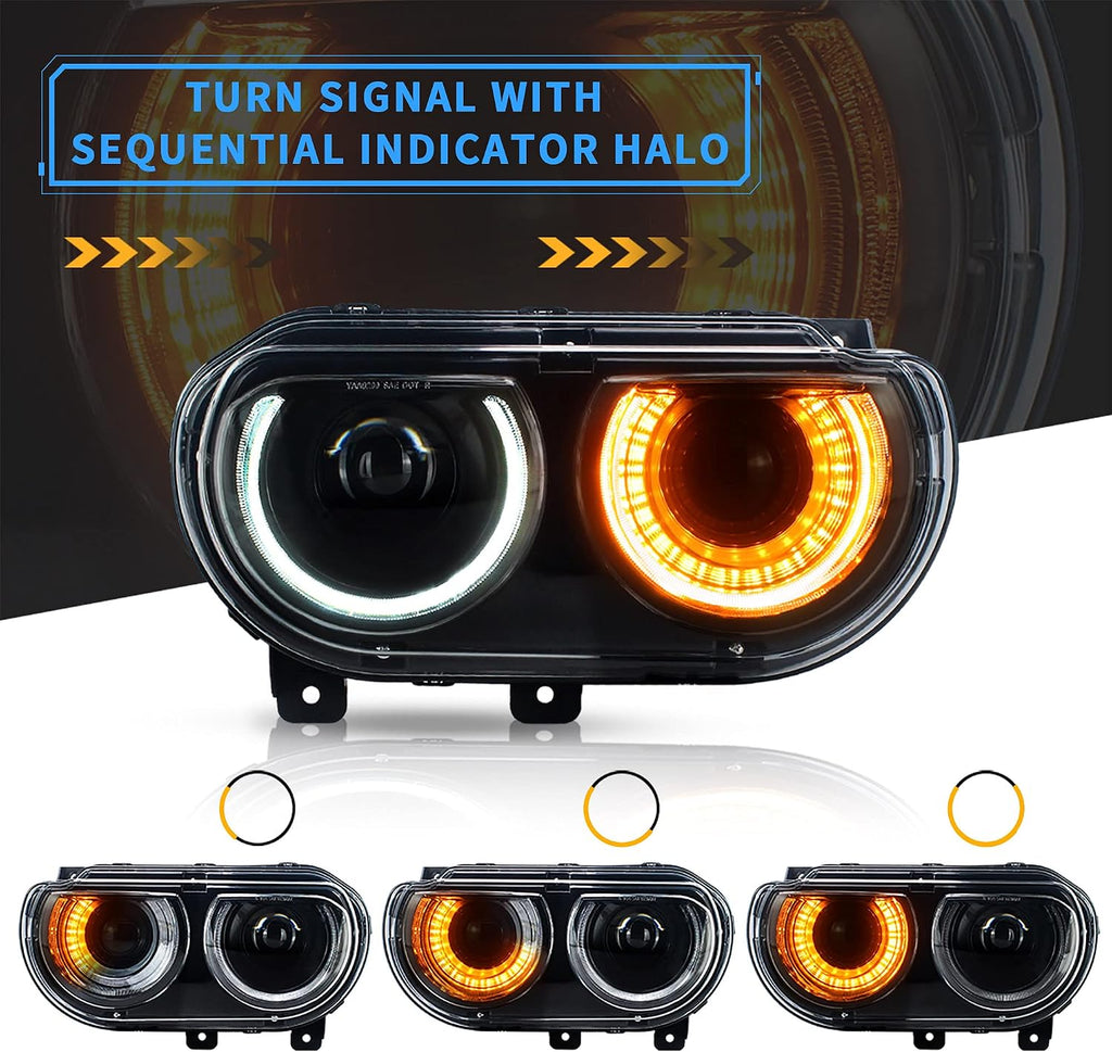 VLAND Headlights + D2H Xenon Bulb Kit Compatible with Dodge Challenger 2008-2014 w/Sequential Indicator Halo Passenger+ Driver Sides+Bulbs