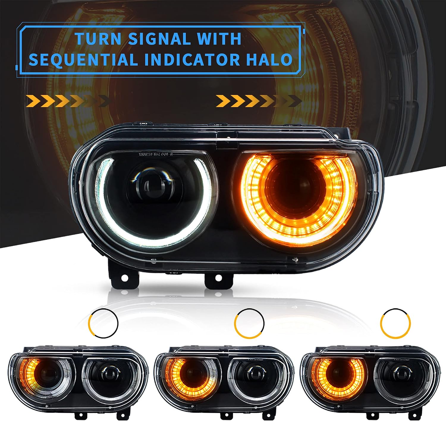 VLAND Headlights + D2H Xenon Bulb Kit Compatible with Dodge Challenger 2008-2014 w/Sequential Indicator Halo Passenger+ Driver Sides+Bulbs