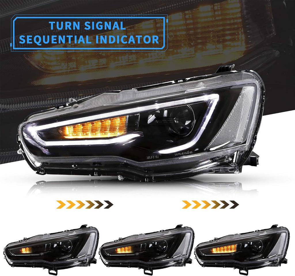 VLAND Projector Headlights + Led Bulbs Compatible with EVO X &Lancer 2008-2023 w/Sequential Indicator w/Smoke Lens Passenger+ Driver Sides+Bulbs(Smoke Lens+Led Bulbs)