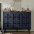Aoikax Retro 3 Door Storage Cabinet with Plaid Pattern Front, Rustic Side Table for Bedroom, Living Room, Handles, Four Shelves, Pine Wood, Natural Wood, Dark Blue
