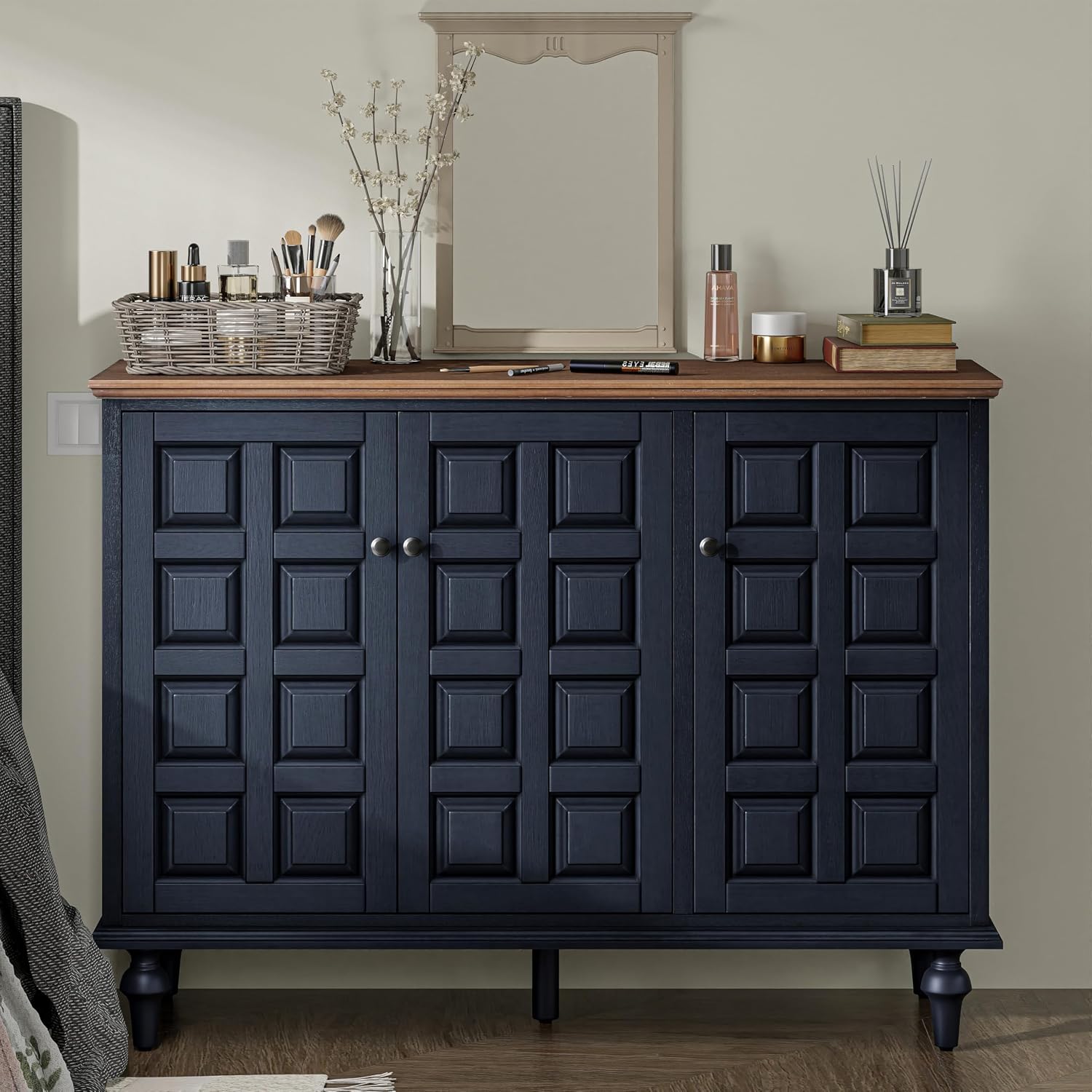 Aoikax Retro 3 Door Storage Cabinet with Plaid Pattern Front, Rustic Side Table for Bedroom, Living Room, Handles, Four Shelves, Pine Wood, Natural Wood, Dark Blue