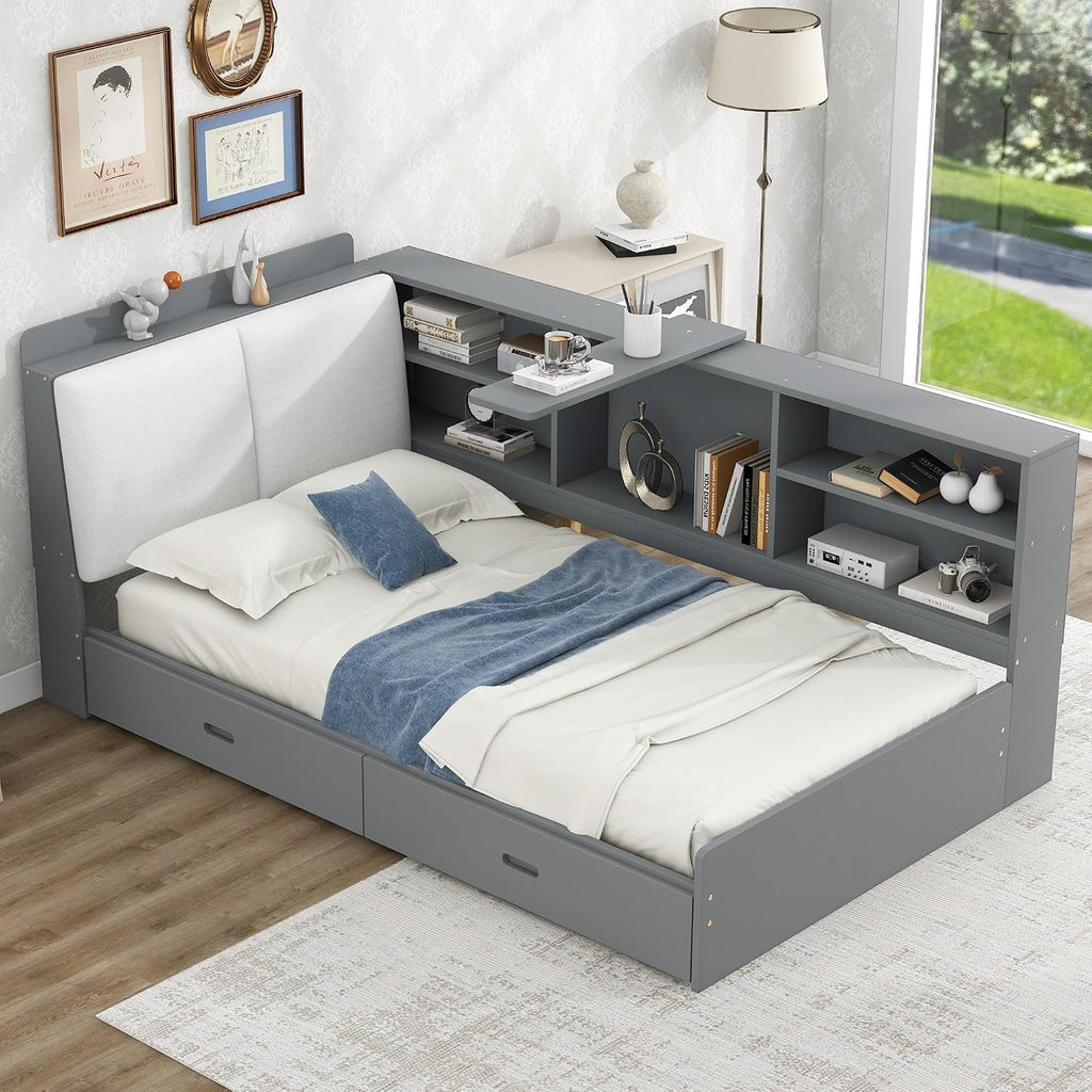 Merax Twin Size Corner Bed Frame with Storage and Upholsetered Headboard, Wood Kids Twin Daybed Frame with Drawers and Shelves, Twin Size Corner Daybed for Kids Room, Twin with Drawers, Grey