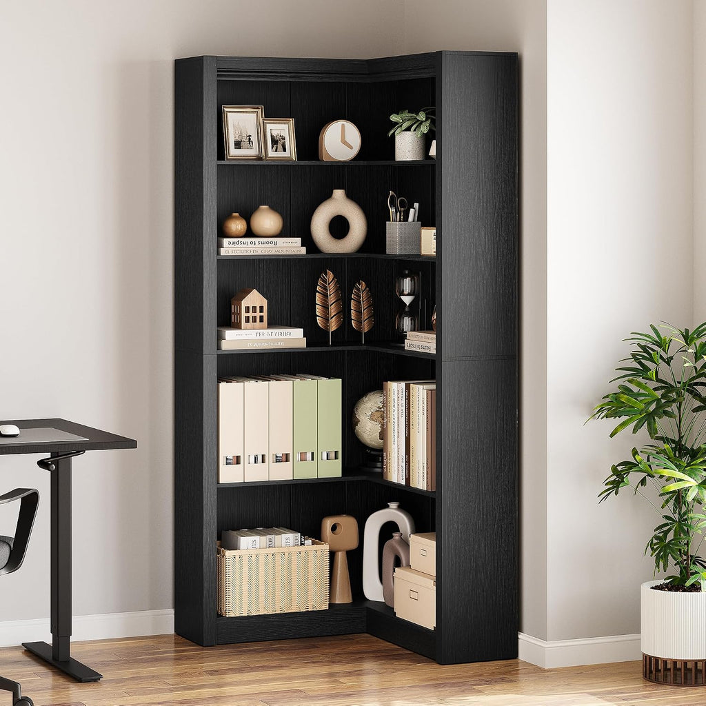 GarveeHome Corner Bookshelf Black, 71.8 in Black Corner Bookcase, L-Shaped Bookshelf Farmhouse Bookcase, 5 Tier Display Shelf Heavy Duty Bookcases, Bookshelves with Storage