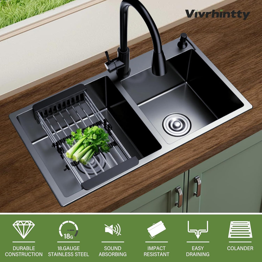 30-inch Black Kitchen Sink, Double Bowl Drop-in/Top-Mount 304 Stainless Steel with Nano Coating, Includes Drain Assembly & Fruit Basket for Modern Kitchen (30.7' x 16.9')