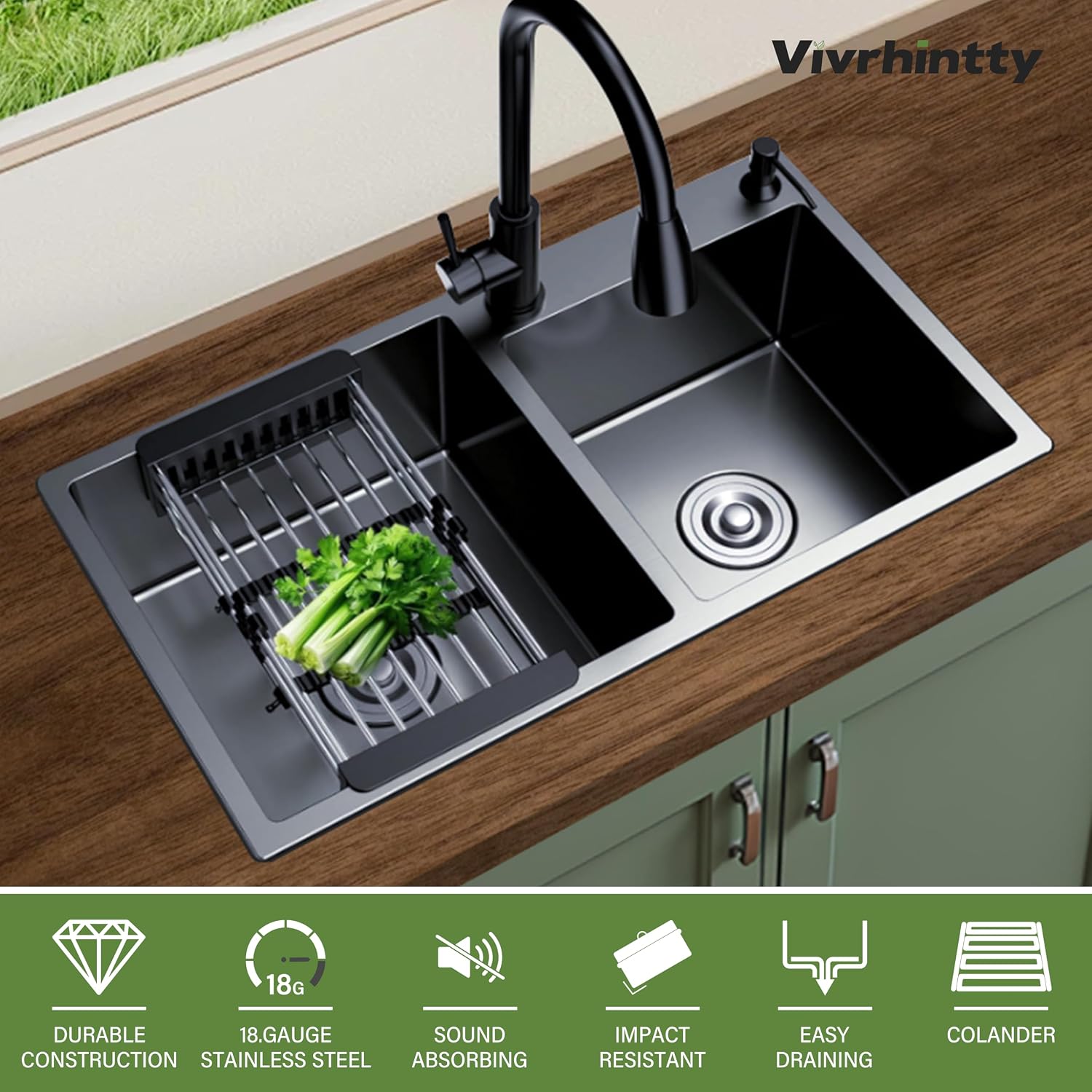 30-inch Black Kitchen Sink, Double Bowl Drop-in/Top-Mount 304 Stainless Steel with Nano Coating, Includes Drain Assembly & Fruit Basket for Modern Kitchen (30.7' x 16.9')