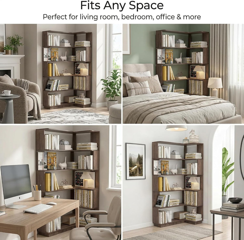 6 Tier Corner Bookshelf, Freestanding L-Shaped Wooden Bookcase with Open Shelves, Anti-Fall Panels and Anti-Tipping Device for Living Room, Home Office (Dark Brown with Left Extension)