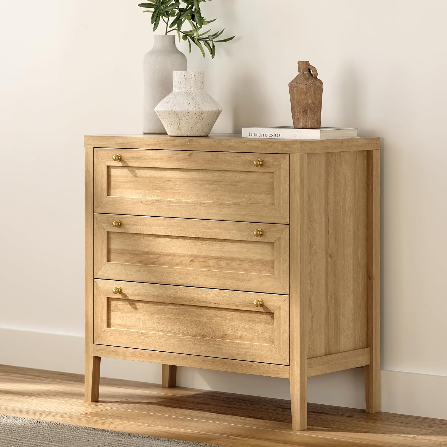 EYYTHUNG Modern 3 Drawer Dresser for Bedroom, Chest of Drawers with Golden Handles, Wood Tall Nightstand, Storage Dresser Cabinet Side Table for Living Room, Hallway, Natural Oak