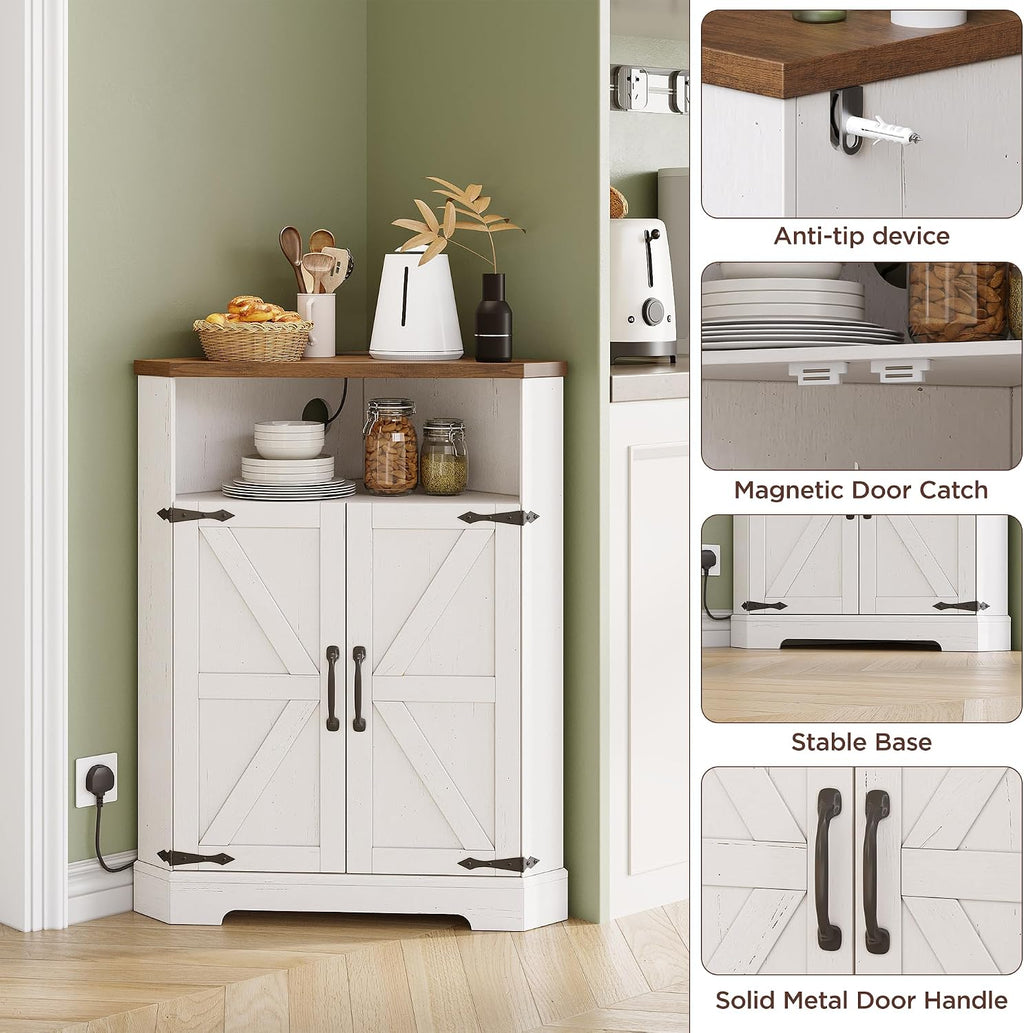Vabches Small Corner Cabinet with Charging Station,Farmhouse Kitchen Corner Storage Cabinet with Barn Doors and Adjustable Shelves for Many Corner,Like Bathroom,and Kitchen