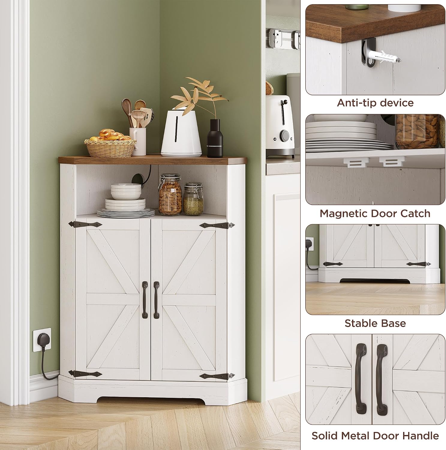 Vabches Small Corner Cabinet with Charging Station,Farmhouse Kitchen Corner Storage Cabinet with Barn Doors and Adjustable Shelves for Many Corner,Like Bathroom,and Kitchen