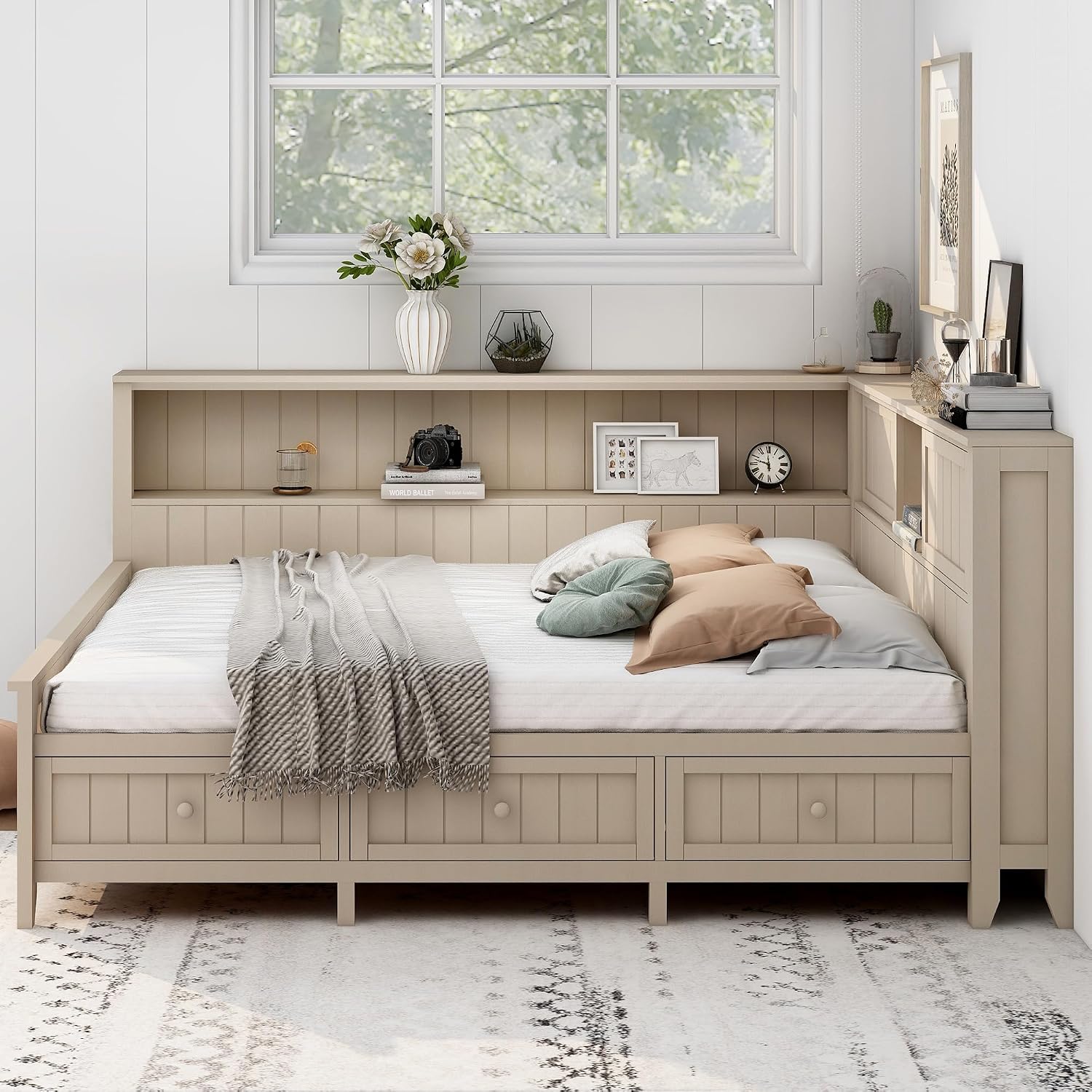 Merax Full Daybed with Headboard and Drawers, Full Size Corner Bed Frame with Storage Shelves for Bedroom, Wood Full Size Bed Frame with Storage for Kids Teens, Apricot White