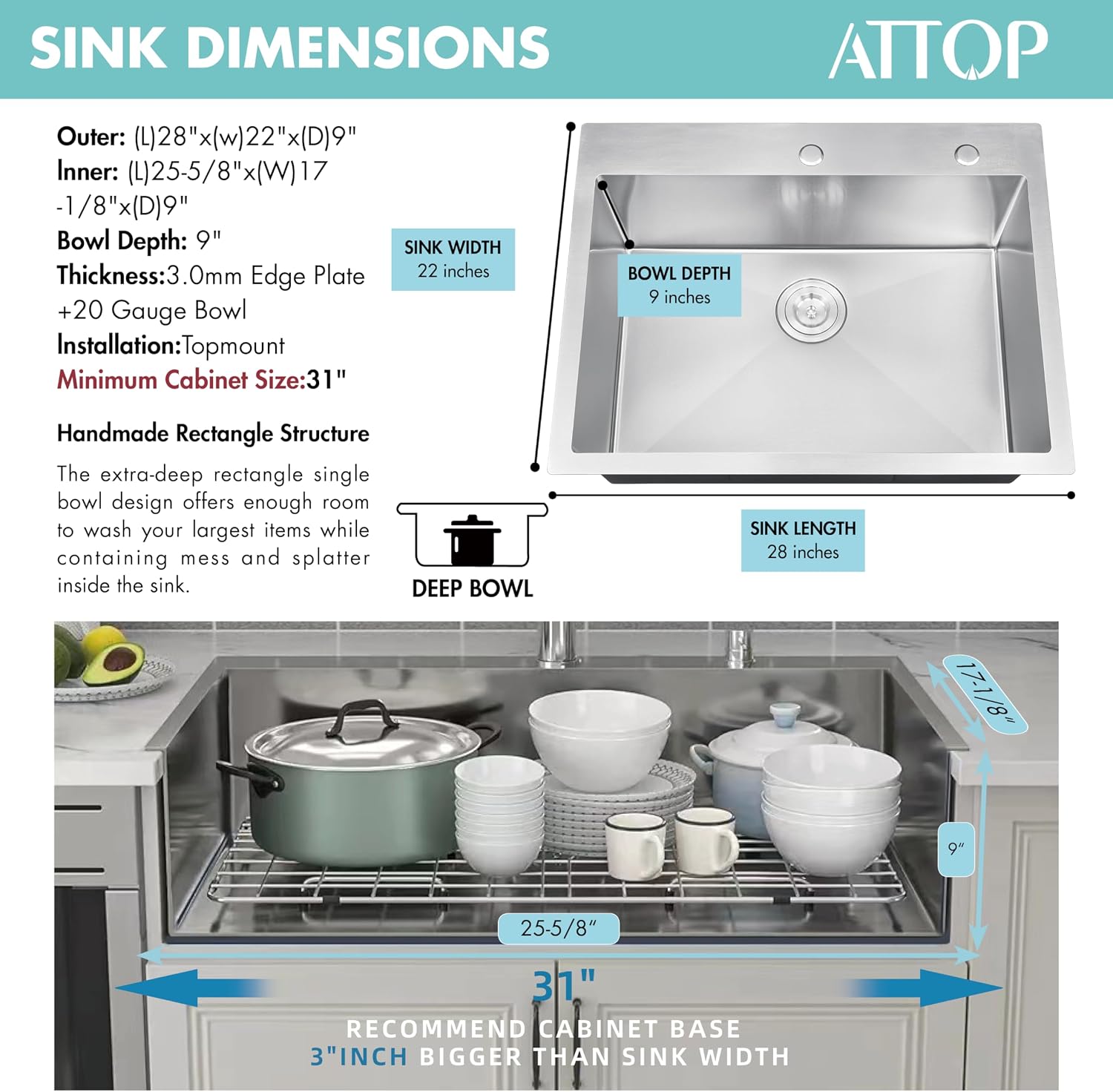 ATTOP Drop in Kitchen Sink Single Bowl,Nano Coating 28 Inch Stainless Steel Handmade Single Bowl Drop-in Sink