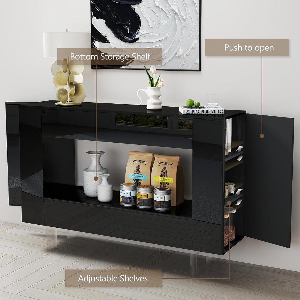 47' High Gloss Console Table with Hidden Side Storage Cabinets, Adjustable Shelves, Modern Black Entryway Sofa Table for Behind The Couch, Living Room, Hallway, Black
