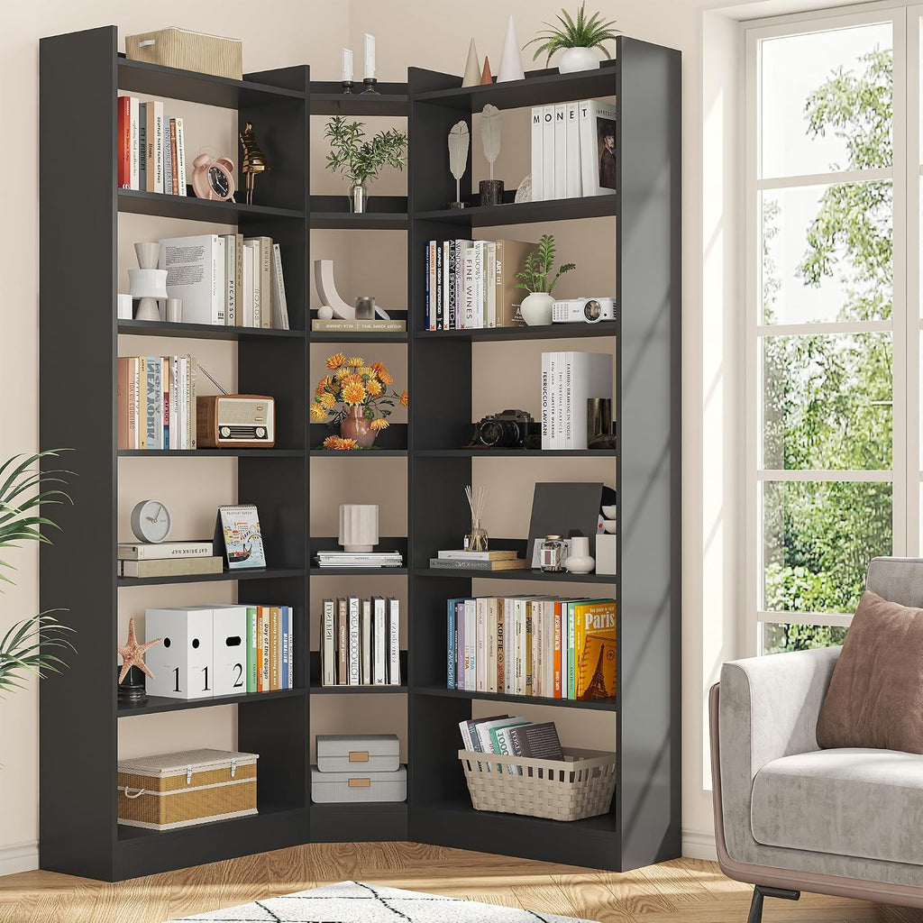 Nosepen 70.8' Tall Corner Bookshelf and Bookcases, 7 Tiers Morden Large Etagere Bookcases Storage Display Rack with Baffle, Industrial L-Shaped Bookshelves for Bedroom, Home Office, Living Room, Black