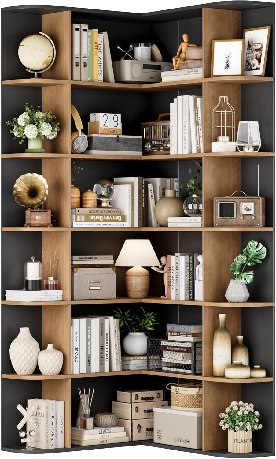 FOTOSOK 72' Tall Corner Bookshelf, 6-Tier Bookshelf and Bookcase with Open Storage, Tall Bookcases Wooden Storage Shelves for Home Office, Thickened Boards for Better Load Bearing, Black/Brown