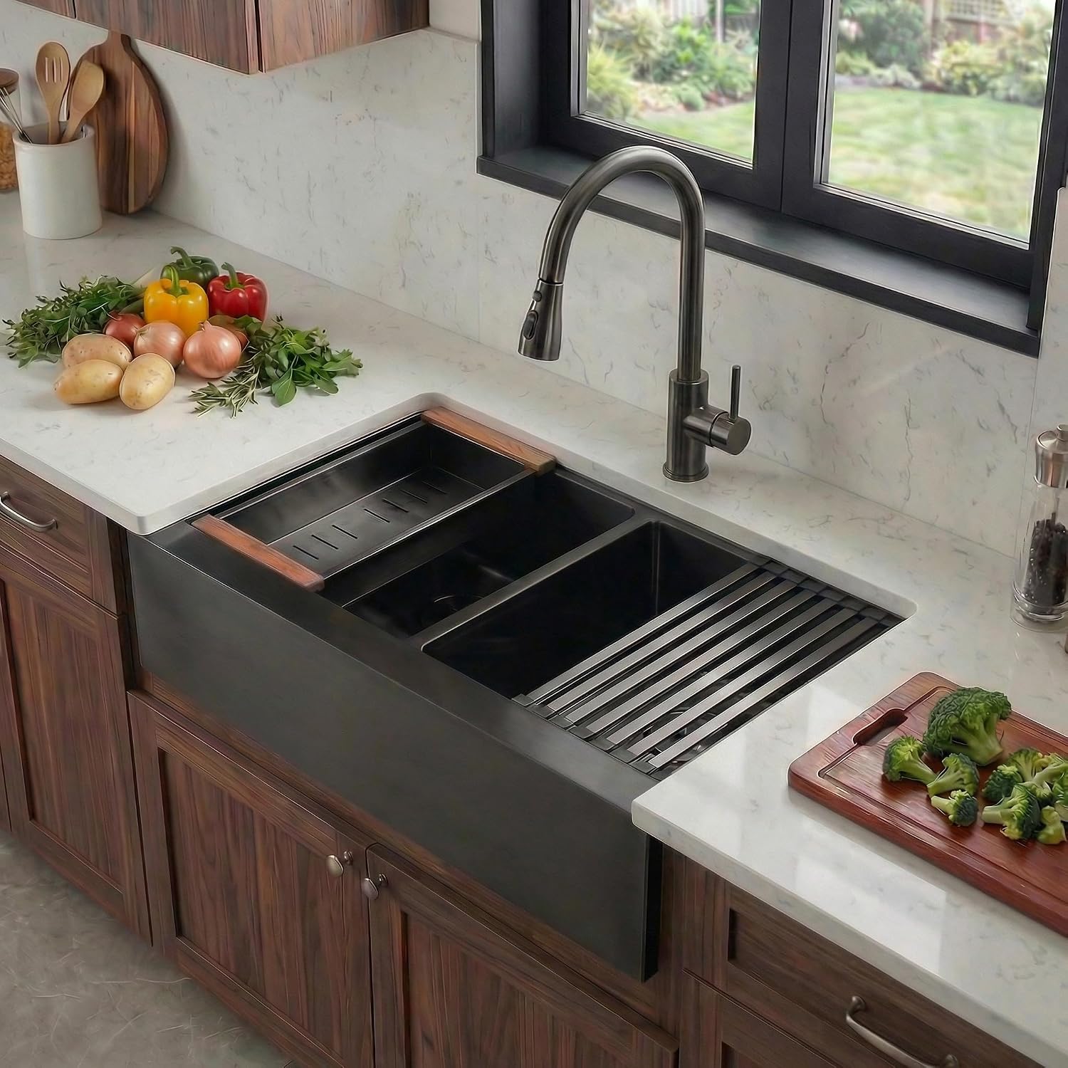 LQS Double Bowl Kitchen Sink, Undermount/Drop In Kitchen Sink, Double Bowl Stainless Steel Kitchen Sinks, 16 Gauge Stainless Steel Handmade Sinks (Black, 28' x 22' x 10')