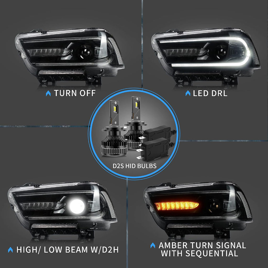 VLAND Projector Headlights + D2S Led Bulbs Compatible with Dodge Charger 2011-2014 (Not Fit 2012 Charger SE) w/Sequential Indicator Passenger+ Driver Sides+Bulbs