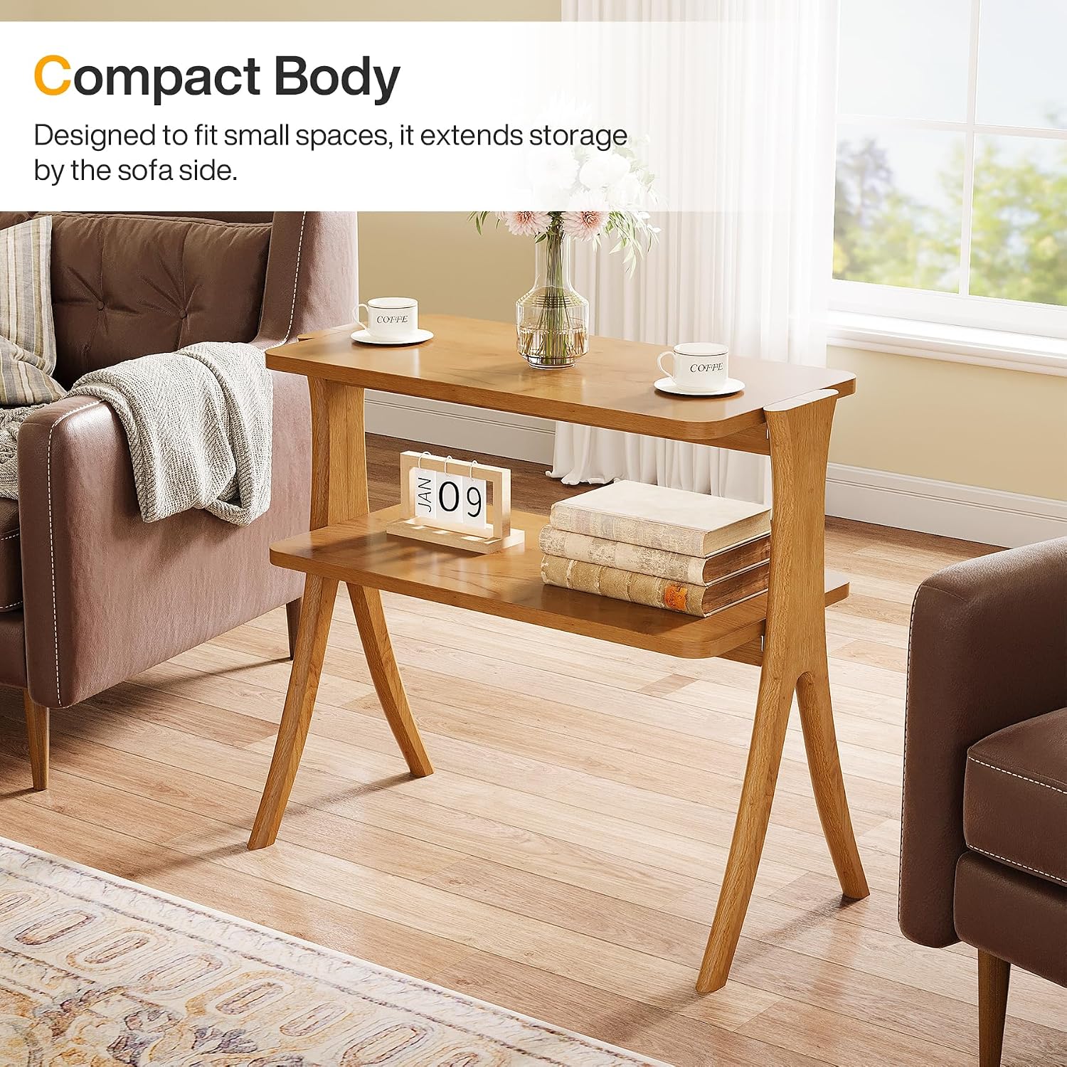 Tribesigns Narrow Side Table Set of 2, Farmhouse End Table with 2-Tier Storage Shelf and Solid Wood Legs, Slim Modern Bedside Table Nightstand for Bedroom, Living Room, Small Spaces, Brown(2)