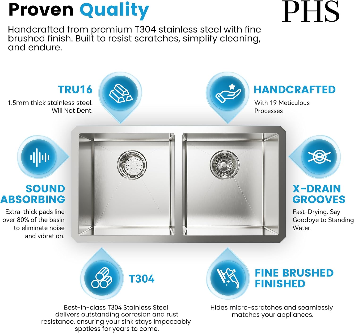 PHS 33-Inch Undermount -50/50 Double Bowl 16 Gauge Stainless Steel Kitchen Sink with Accessories, 9 Inch Deep Sinks with Brushed Finish