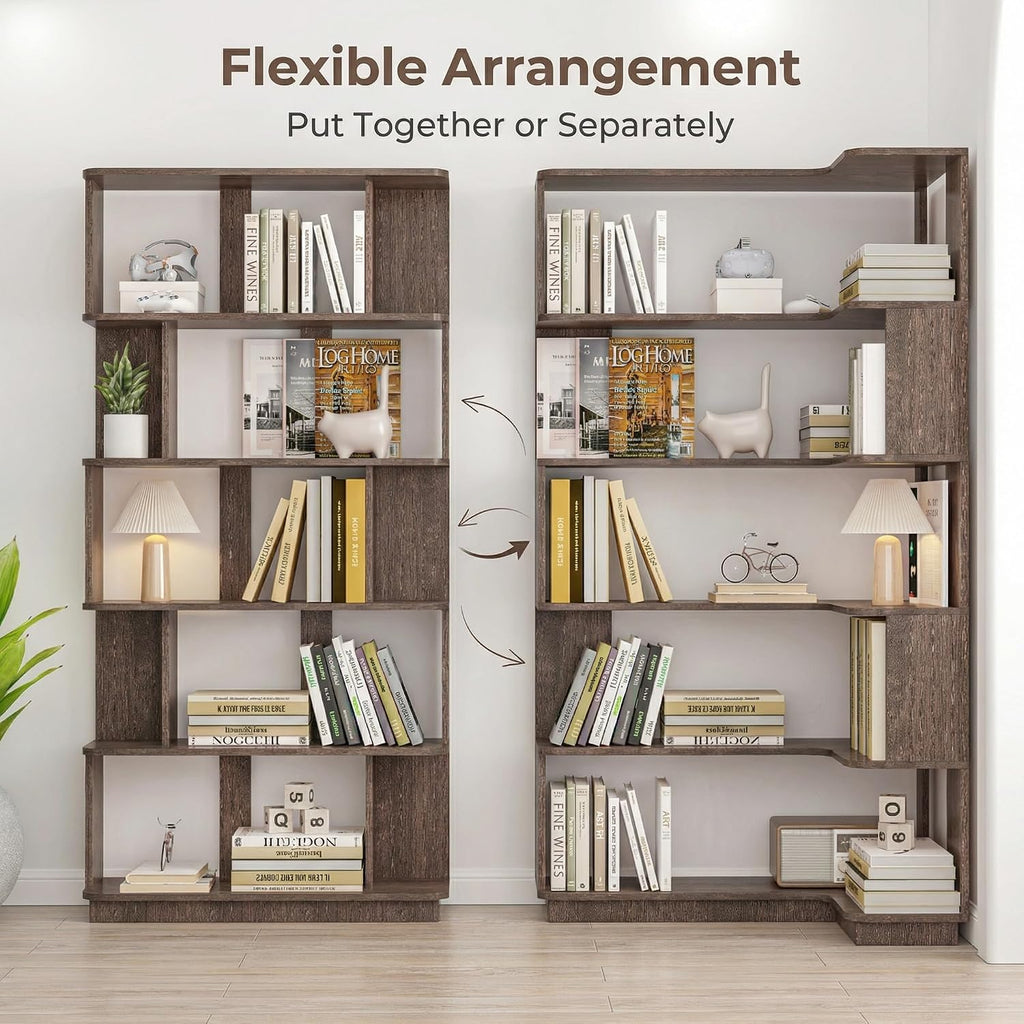 Corner Bookshelf, L Shaped, Set of 2,Dark Brown | Modular Geometric Design, Large Storage Display, Freestanding Wooden Unit, For Living Room Home Office