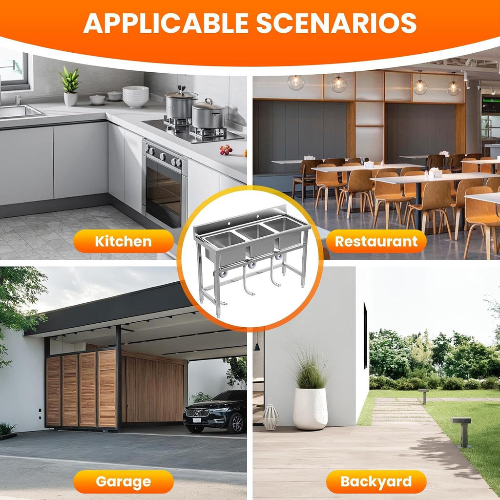 Stainless Steel Sinks, Freestanding Utility Sink with Triple Bowl and Laundry Sink Features for Multi-Purpose Use, 47.3'W x 18.5'D x 33.6'H