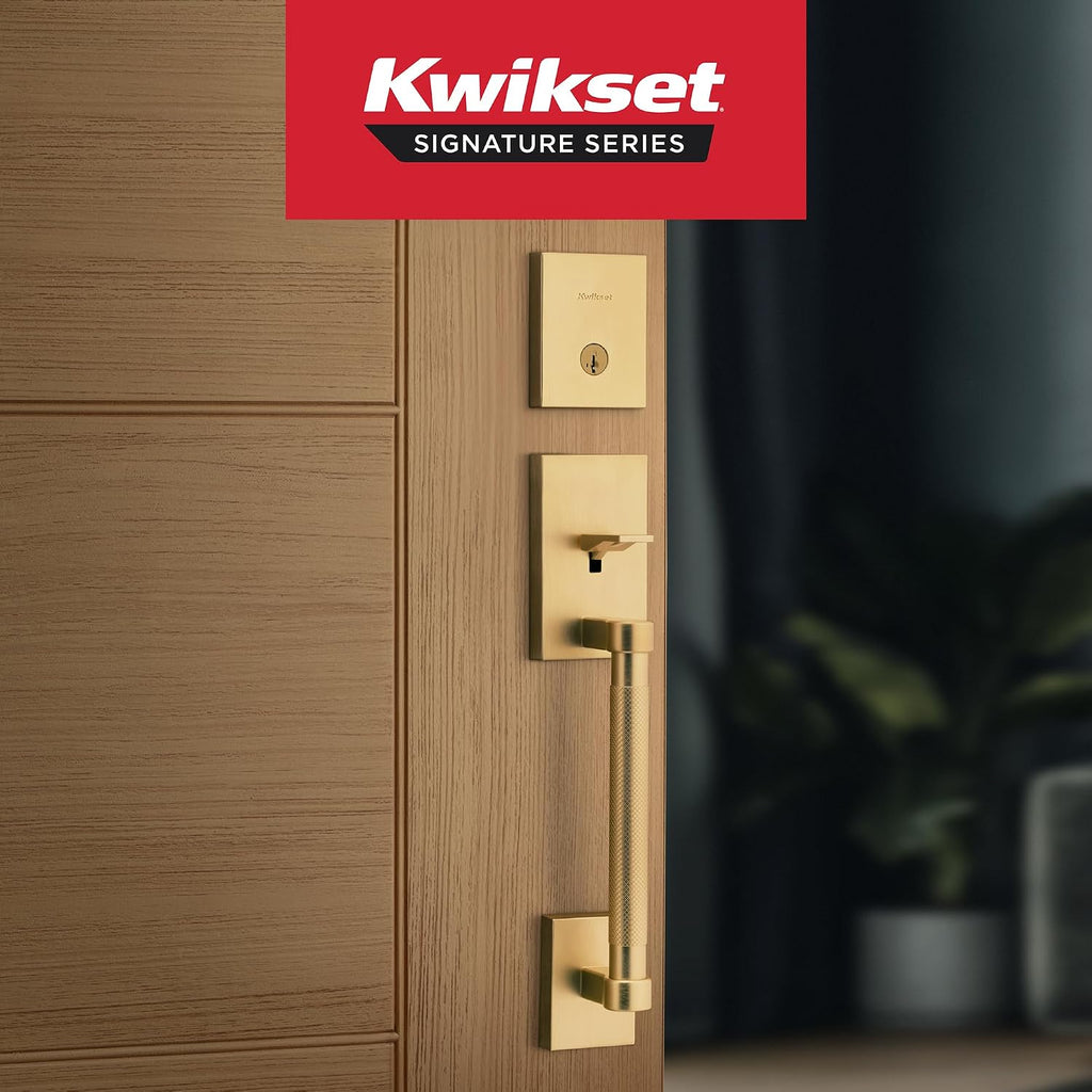 Kwikset Prava Front Door Lock Handle and Deadbolt Set, Entry Door Handleset Exterior with Interior Reversible Lever, Satin Brass, Pick Resistant SmartKey Rekey Deadbolt Security