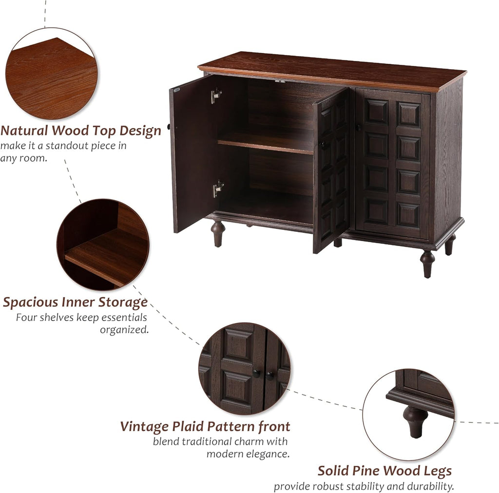 Aoikax Retro 3 Door Storage Cabinet with Plaid Pattern Front, Rustic Side Table for Bedroom, Living Room, Handles, Four Shelves, Pine Wood, Natural Wood, Brown